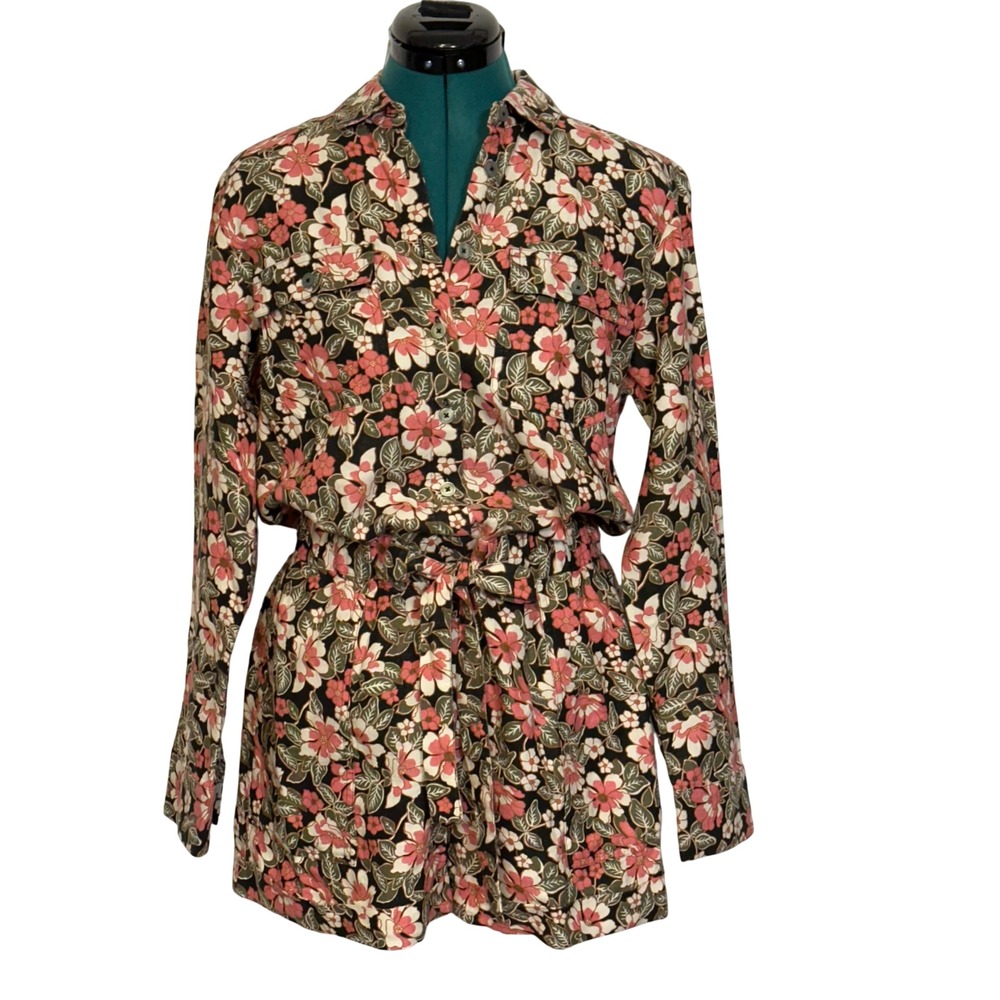 Outerknown Womens Linen Cotton Floral Long Sleeve Utility‎ Romper Black Pink S